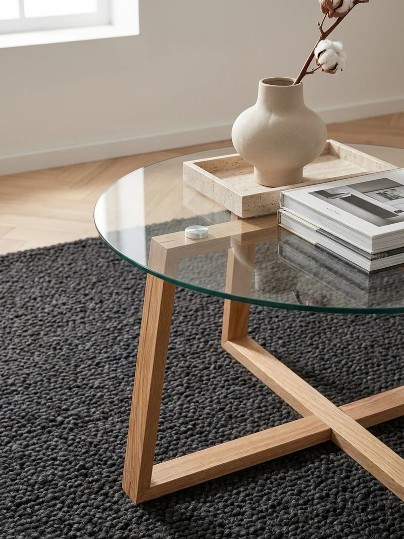Couchtisch in Eiche mit transparenter Glasplatte und überkreuztem Gestell, modernes Design