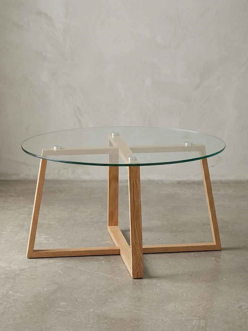 Couchtisch in Eiche mit transparenter Glasplatte und überkreuztem Gestell, modernes Design