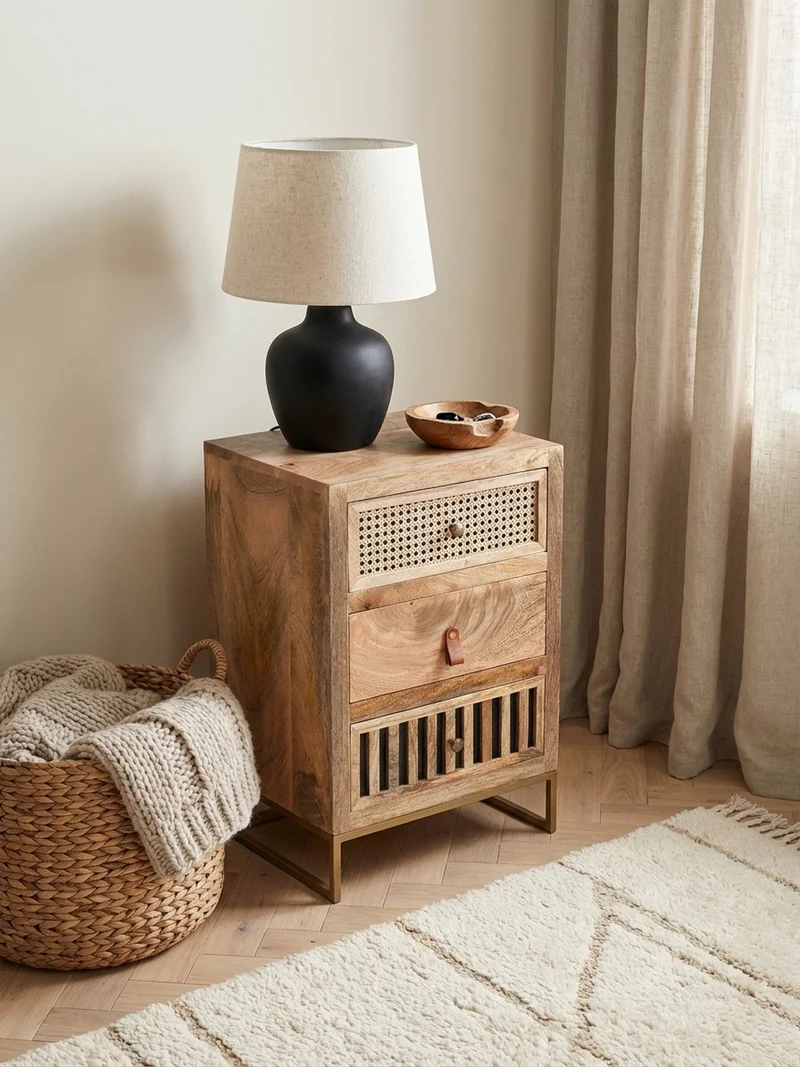 Nachttisch – Mango Massivholz/Rattan, 3 Schubladen, für Boxspringbett