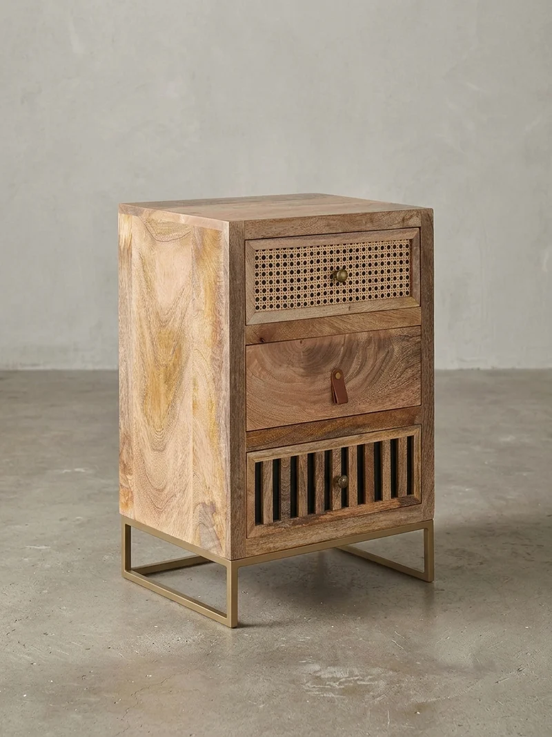 Nachttisch – Mango Massivholz/Rattan, 3 Schubladen, für Boxspringbett