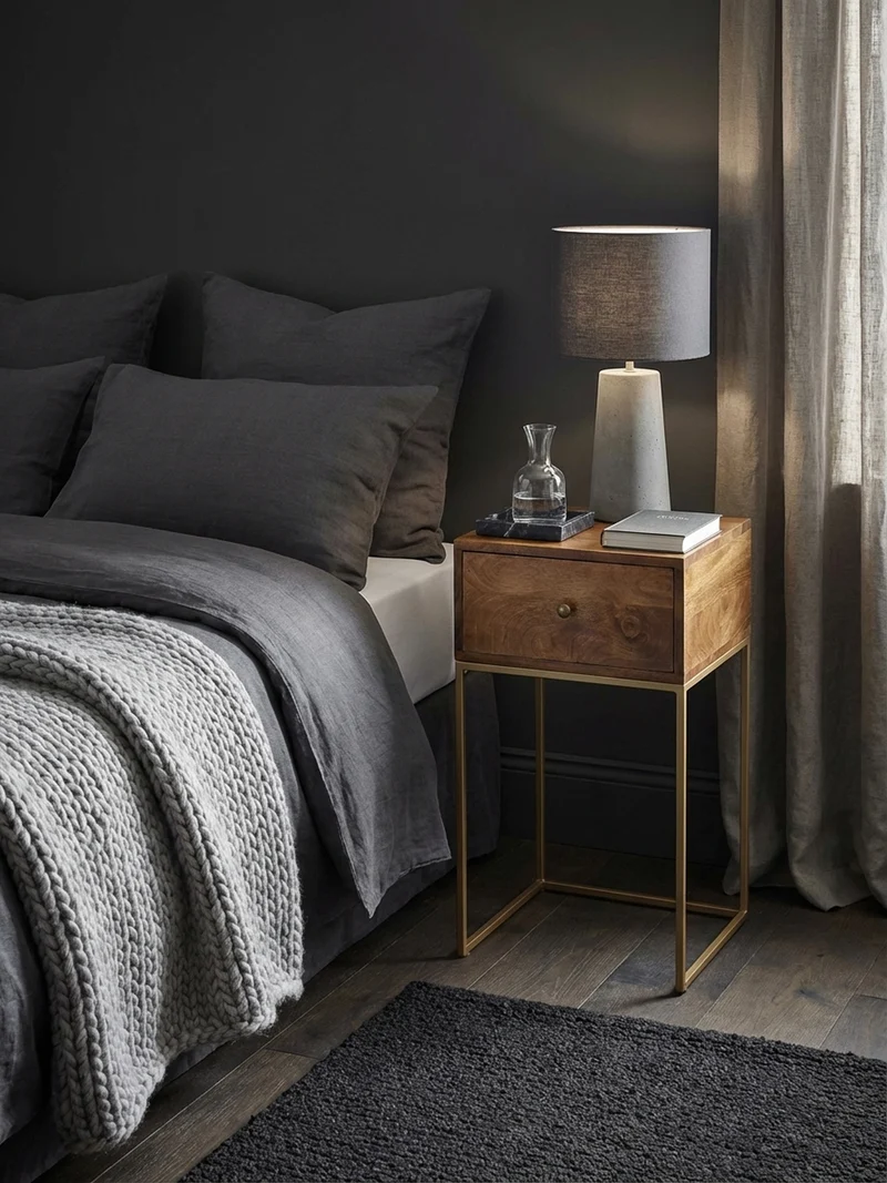 Nachttisch – Mango Massivholz/Metall, 1 Schublade, Industrial-Stil