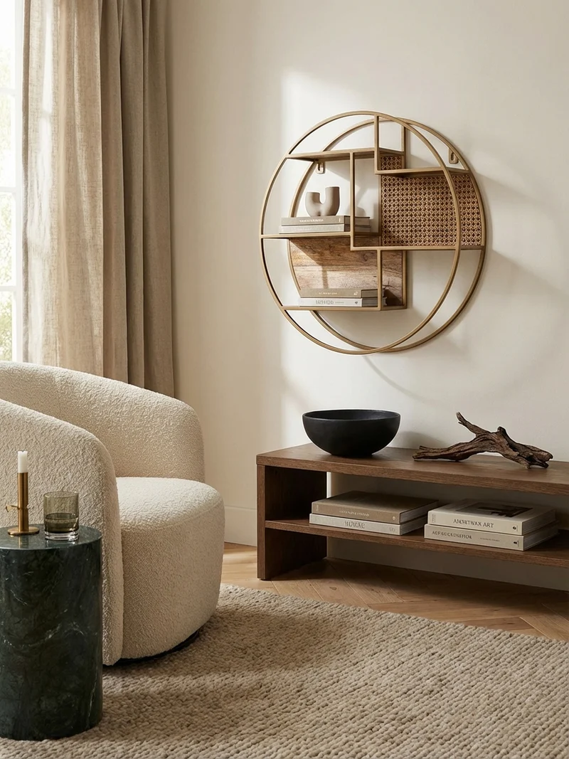 Wandregal Rattan Massivholz Metall Industrial Stil mit 5 Ablagen