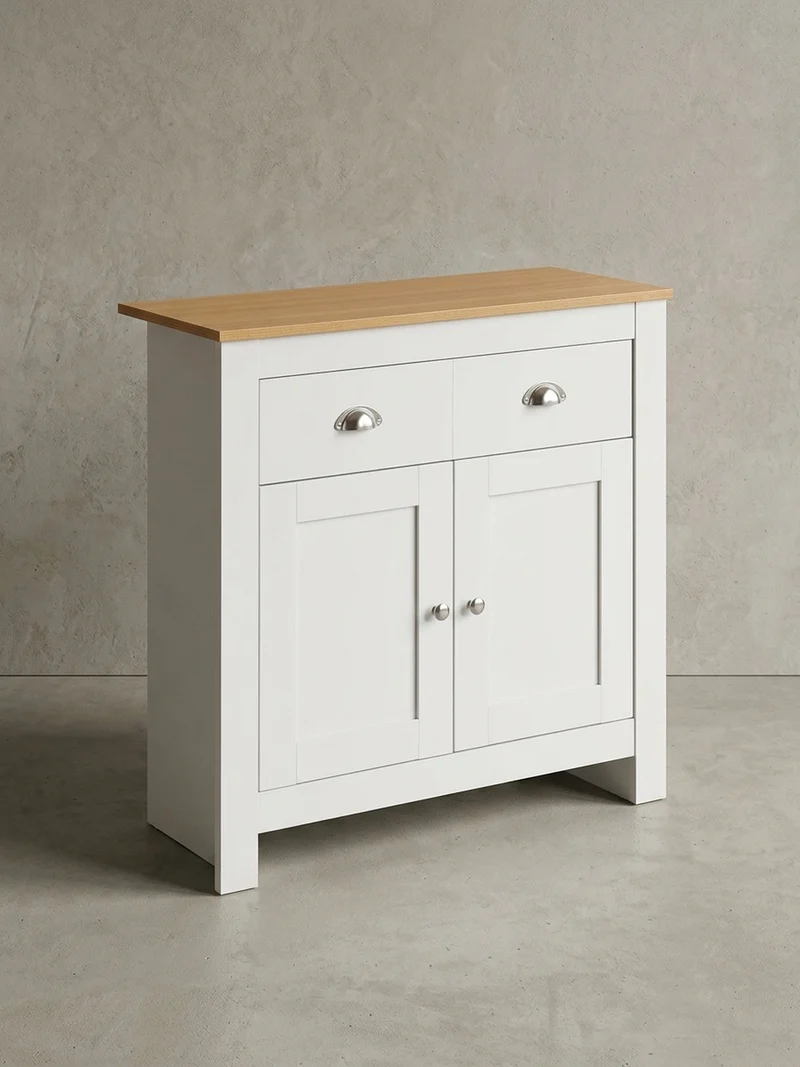 Sideboard – Eiche/Weiß, 2 Schubladen, melaminbeschichtet, modern