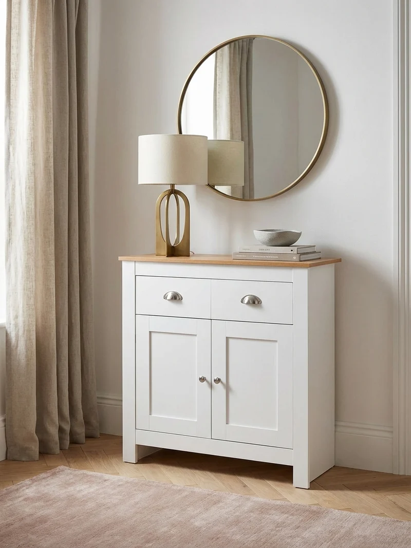 Sideboard – Eiche/Weiß, 2 Schubladen, melaminbeschichtet, modern