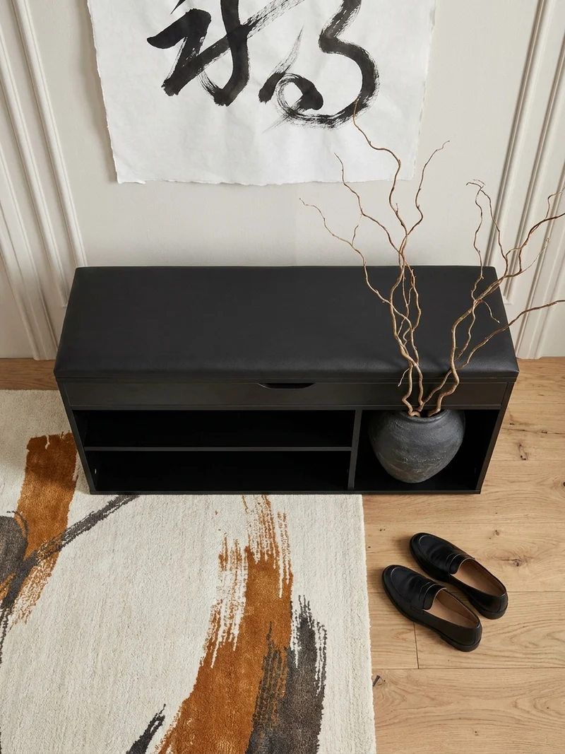 Schuhbank – Kunstleder/Holz, 104x51x32 cm, Schwarz, mit Stauraum