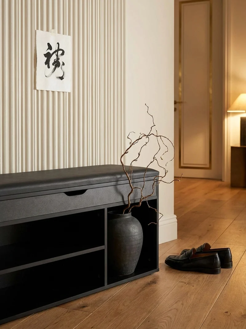 Schuhbank – Kunstleder/Holz, 104x51x32 cm, Schwarz, mit Stauraum