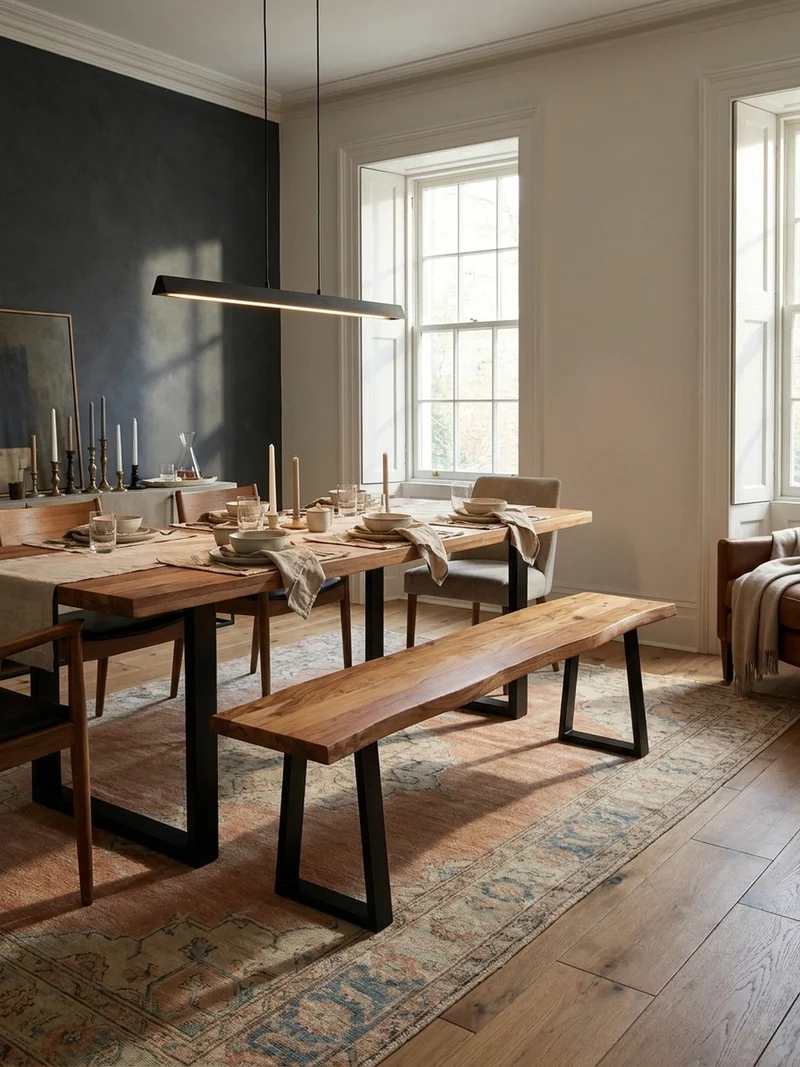 Esszimmerbank Massivholz Metall Baumkante ohne Lehne