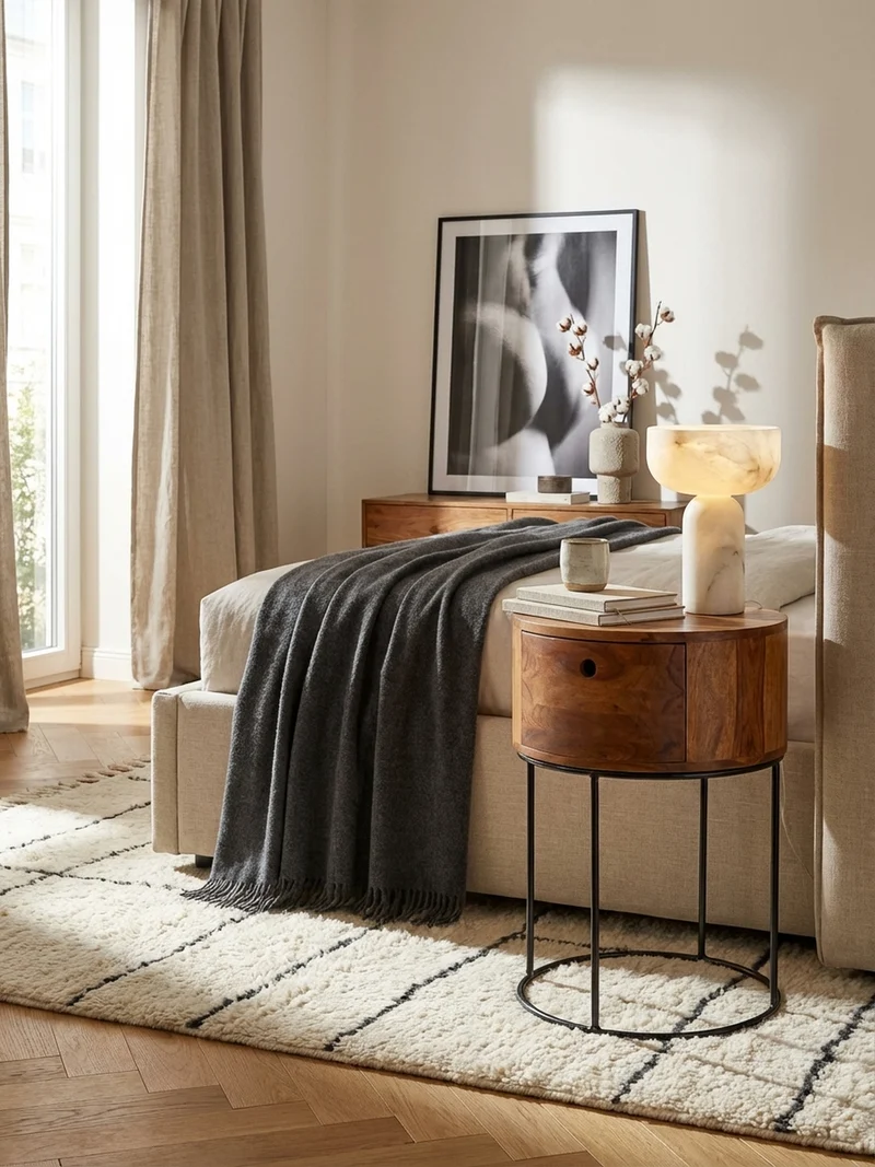Nachtkonsole Massivholz mit Schublade rund Modern
