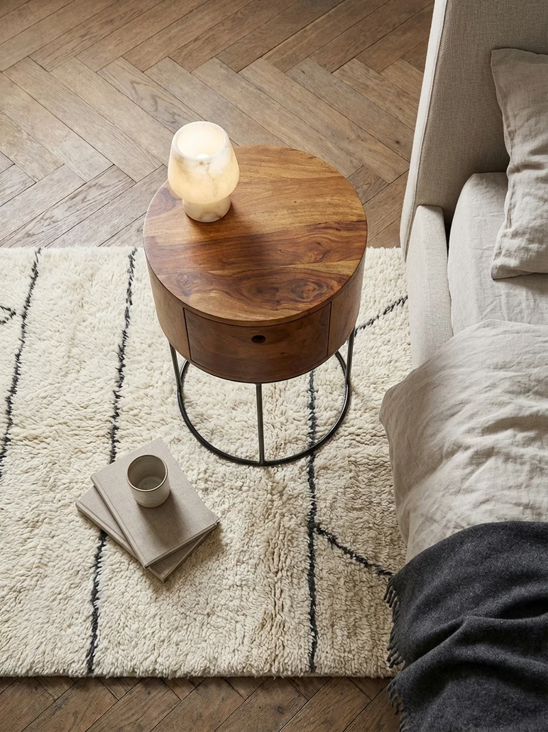 Nachtkonsole Massivholz mit Schublade rund Modern