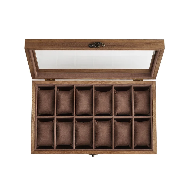 Uhrenbox 6 Fächer aus Massivholz mit Glasdeckel walnussfarben