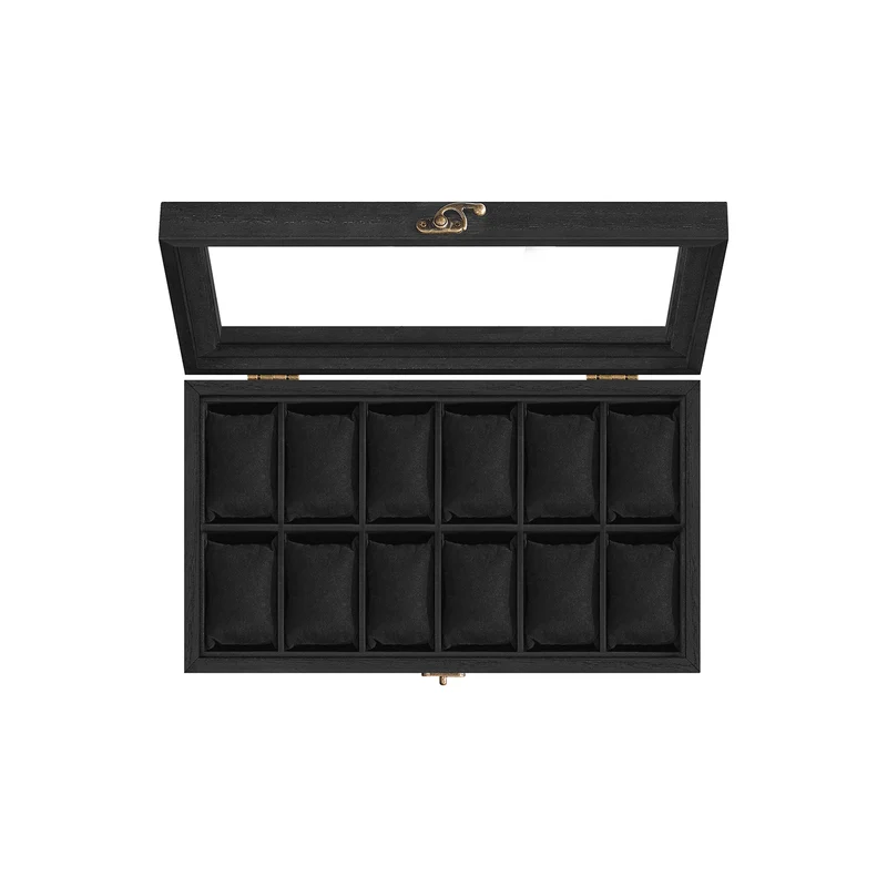 Uhrenbox 6 Fächer aus Massivholz mit Glasdeckel walnussfarben