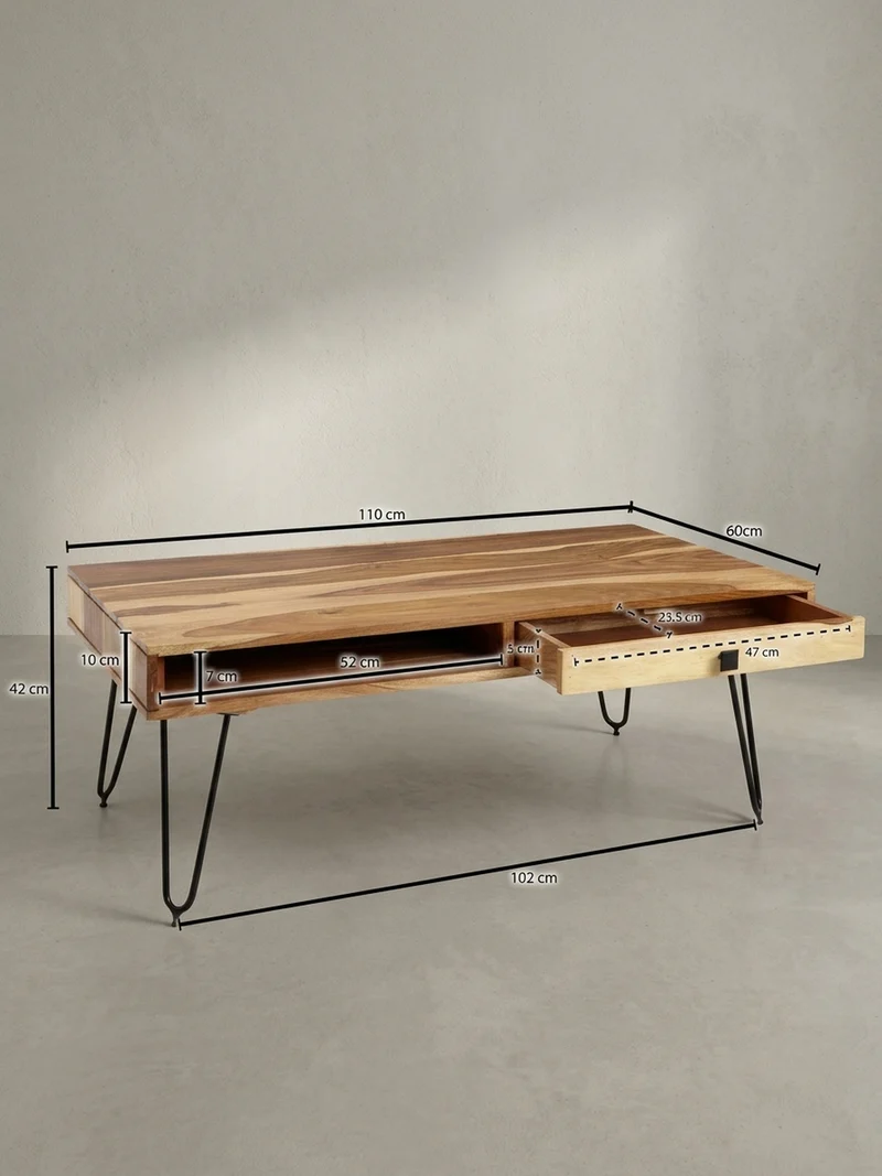 Couchtisch mit Schubfächern aus Massivholz und Metallfüßen, leichter Aufbau