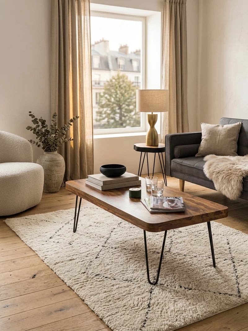 Couchtisch aus Massivholz mit Metallbeinen, handgefertigt, einzigartige Maserung