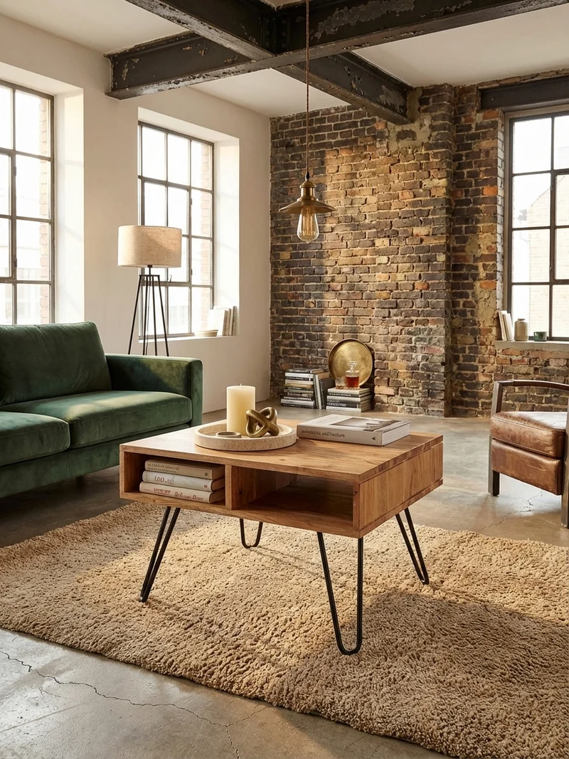Couchtisch aus massivem Akazienholz mit Metallgestell und Stauraum im modernen Design