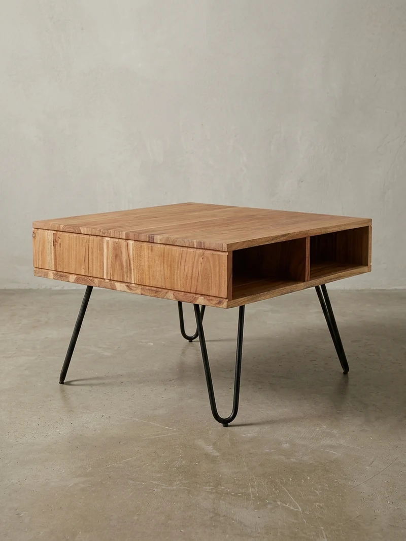 Couchtisch aus massivem Akazienholz mit Metallgestell und Stauraum im modernen Design