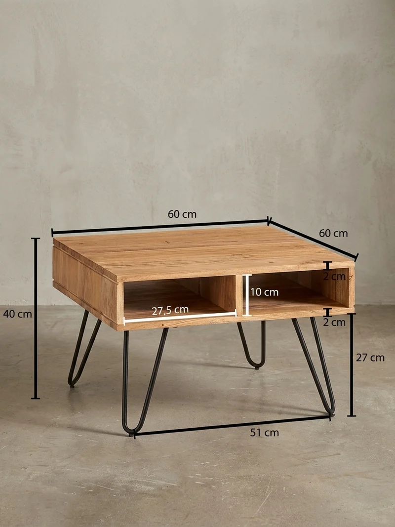 Couchtisch aus massivem Akazienholz mit Metallgestell und Stauraum im modernen Design