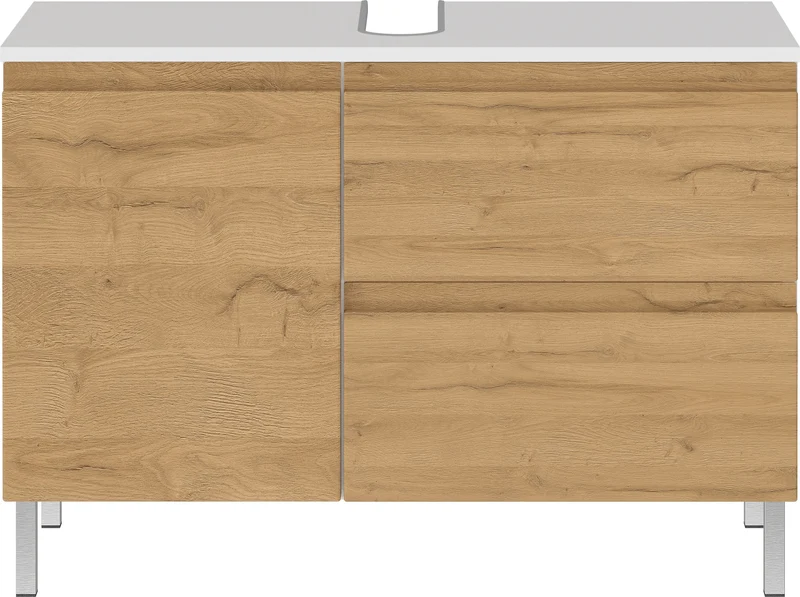 Waschbeckenunterschrank Weiß und Eiche Grandson 80x34x56 cm mit Chromfüßen