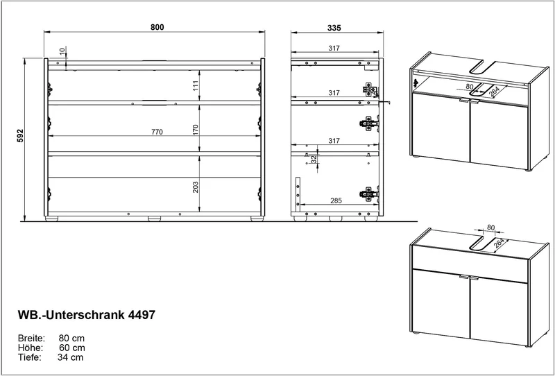 Unterschrank 80x34x60 cm stoßfest mit Siphonaussparung und Easy-Clean-Oberfläche
