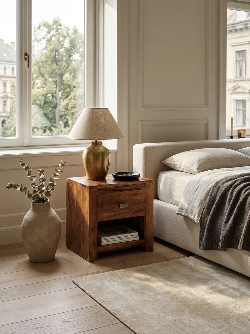 Nachttisch – Massivholz, Landhausstil, Ablage & Schublade, Griff verchromt