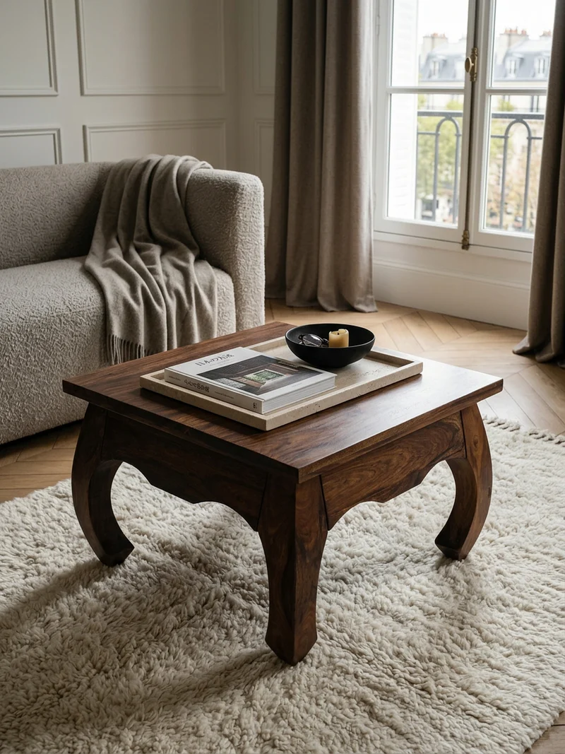 Couchtisch Sheesham Holz 60x60 cm, Landhausstil, handgefertigt, Opium-Form, pflegeleicht und robust