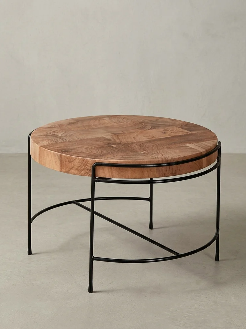 Couchtisch Industrial, Akazienholz Mattschwarz Metallgestell, 62x40x62 cm