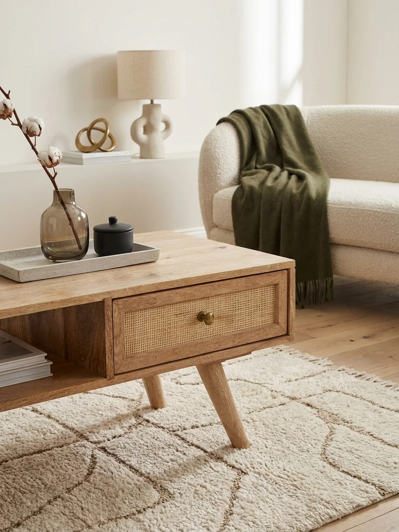 Couchtisch Mango-Holz Massiv mit Ablagefläche, Zeitloses Design, Geräumig und Stabil