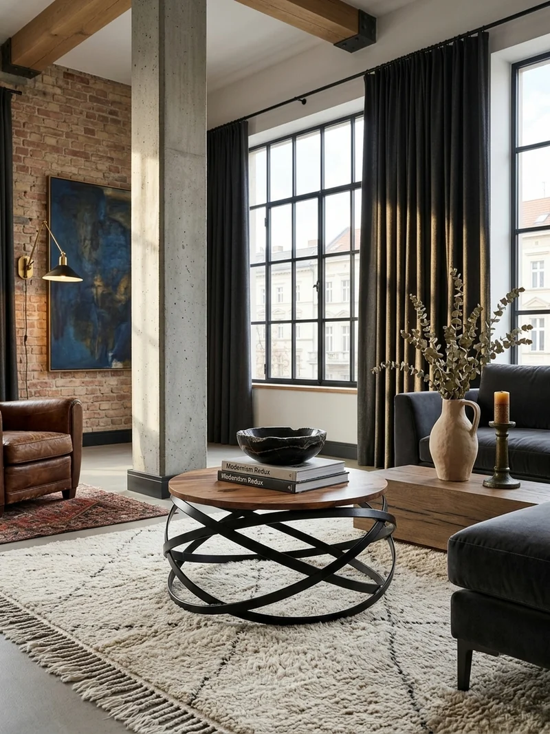 Couchtisch Industrial, Braun, Massives Holz und Metall, Modernes Design, Komplett Montiert
