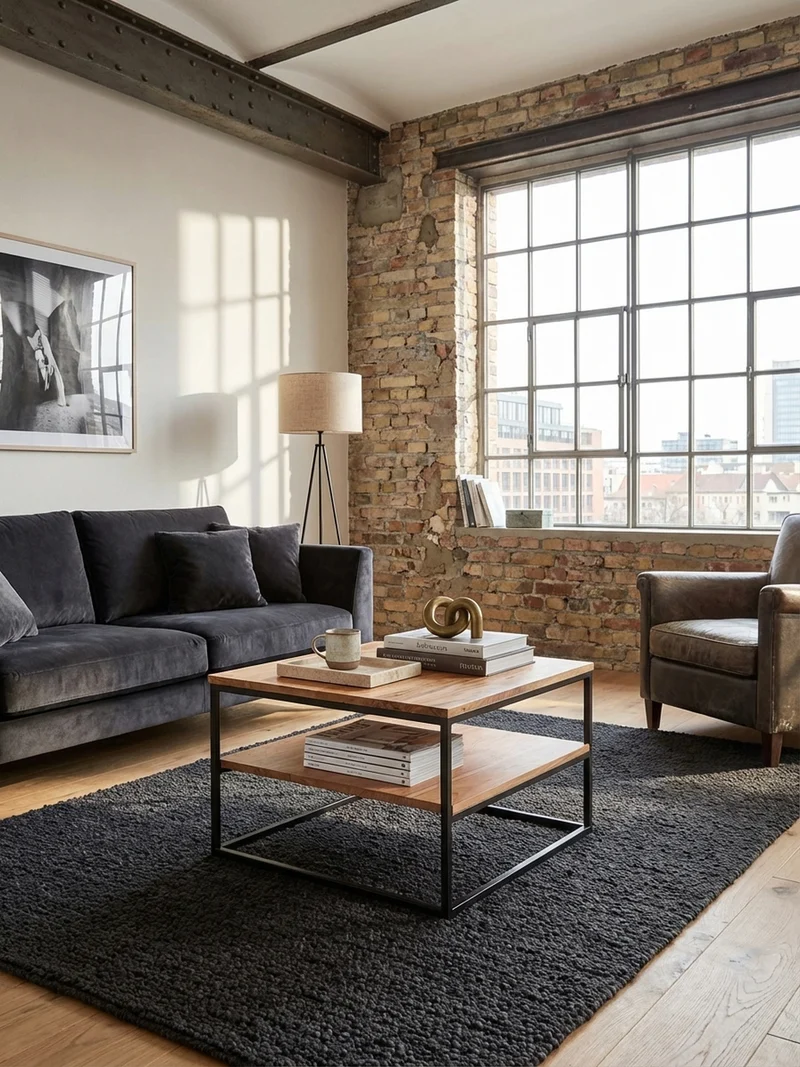 Couchtisch Industrial, Akazienholz mit Metallbeinen, platzsparend, handgefertigt, zwei Ablageflächen