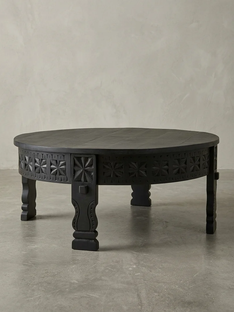 Couchtisch Massivholz Schwarz Lackiert, Orientalisches Design, Handgefertigt