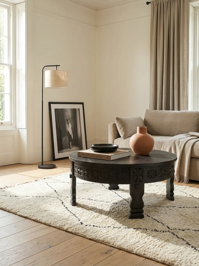 Couchtisch Massivholz Schwarz Lackiert, Orientalisches Design, Handgefertigt