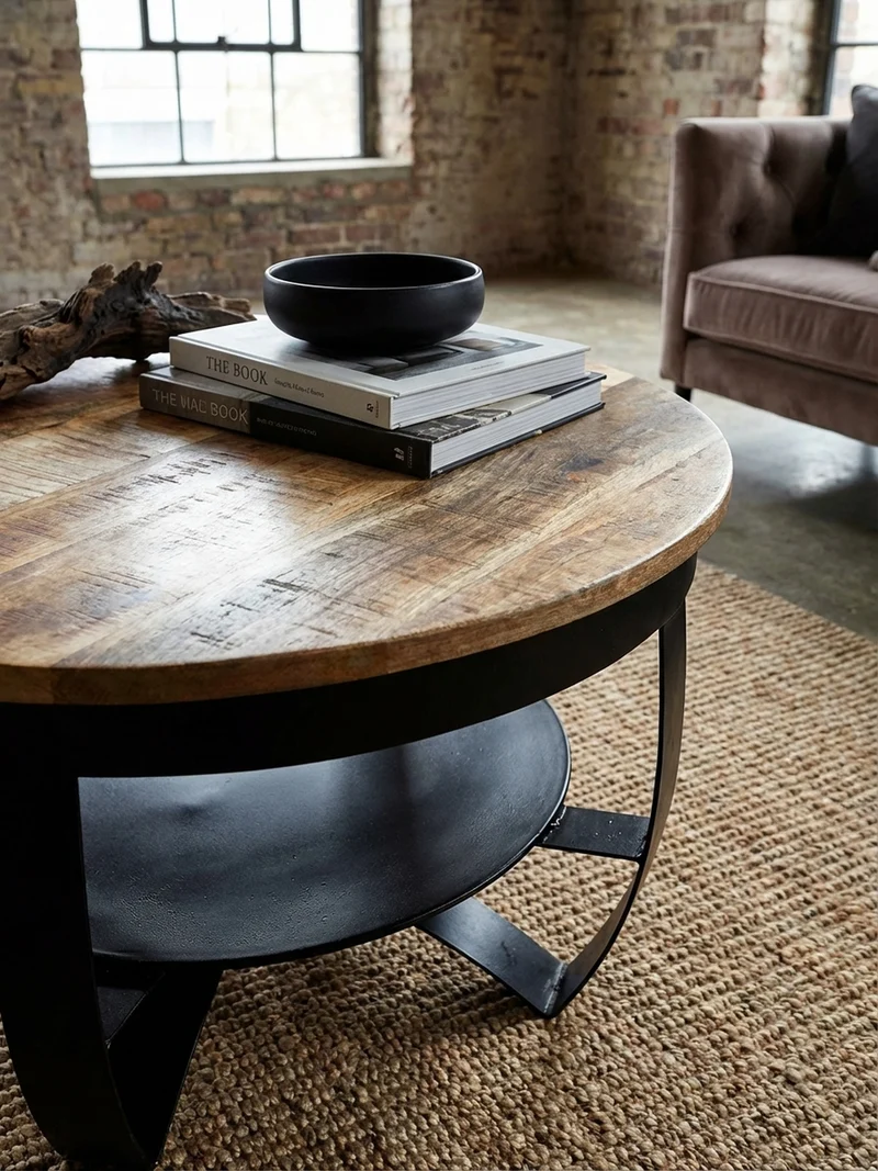 Couchtisch in Braun/Schwarz, Industrieller Stil, aus Recyceltem Mango-Massivholz