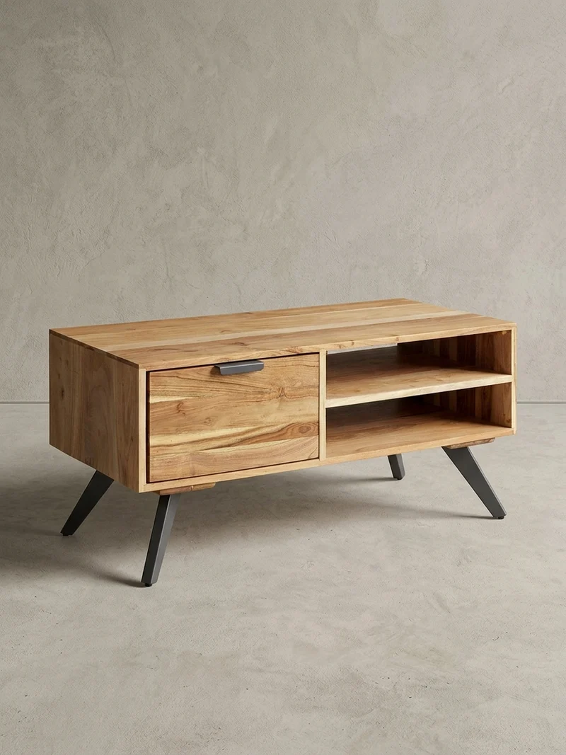 Couchtisch Massivholz und Metall, Modernes Design, Großer Stauraum, Robuste Beine
