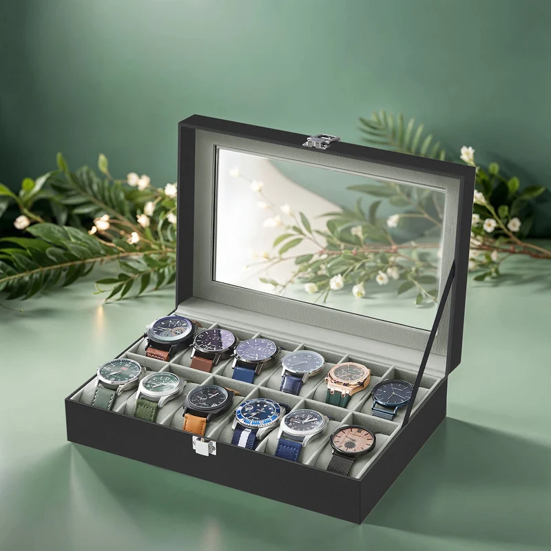 Uhrenbox mit 12 Fächern, Uhrenkasten, Glasdeckel