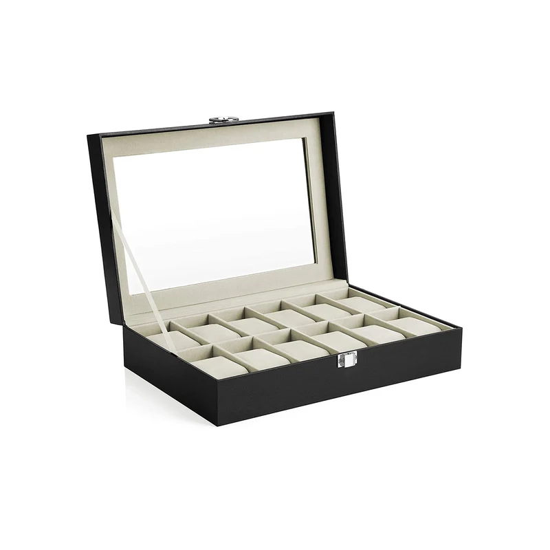 Uhrenbox mit 12 Fächern, Uhrenkasten, Glasdeckel