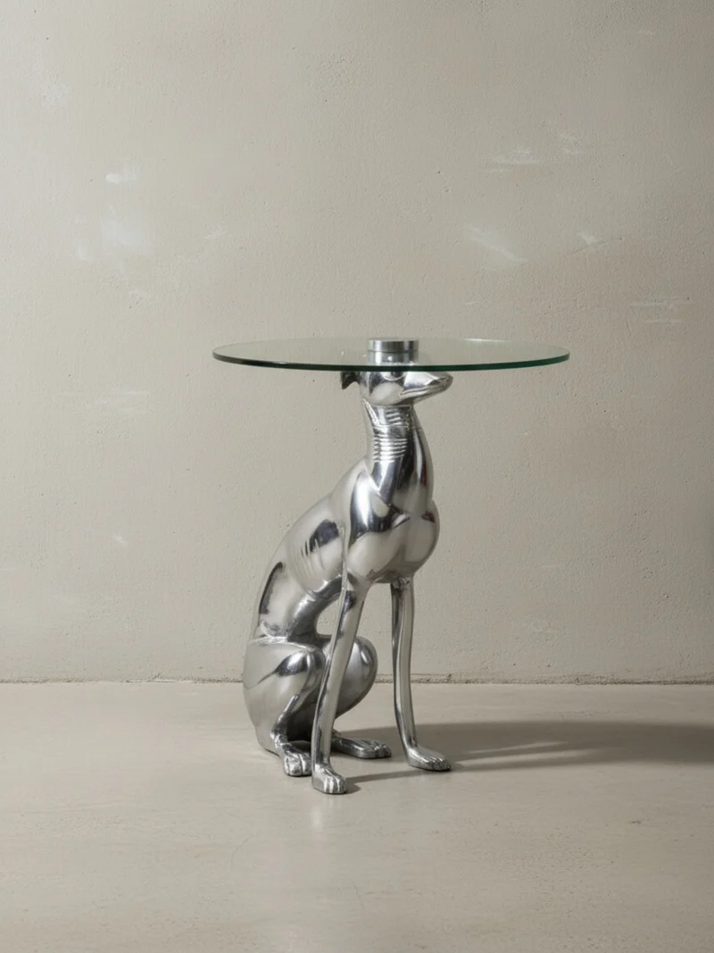 Beistelltisch – Aluminium Glas Silber Skulptur Windhund Ø 40 cm, Höhe 50 cm, handgefertigt