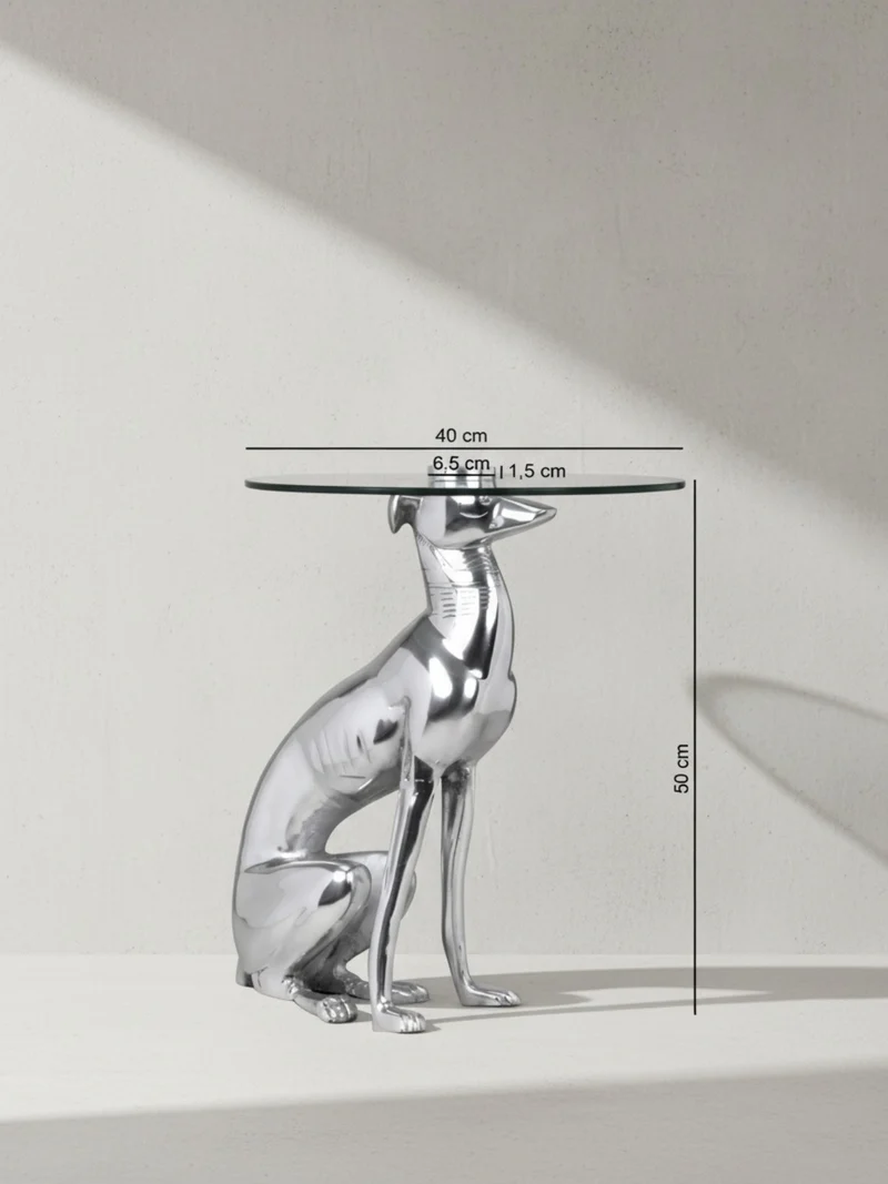 Beistelltisch – Aluminium Glas Silber Skulptur Windhund Ø 40 cm, Höhe 50 cm, handgefertigt