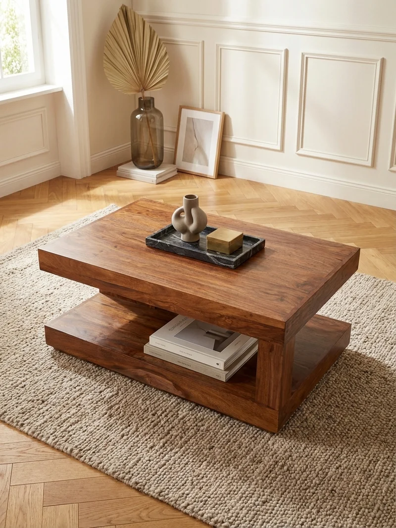 Couchtisch Sheesham Massivholz, 90x60 cm, Einzigartige Maserung, 30 kg Belastbarkeit