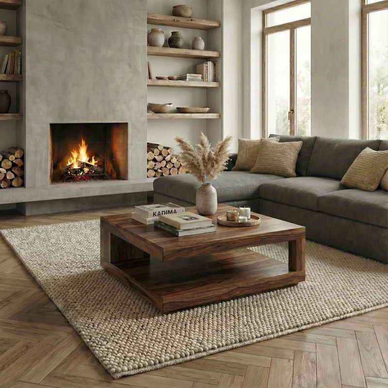 Couchtisch Sheesham Massivholz, Quadratisch, Maße 90x90 cm, Einzigartiges Unikat