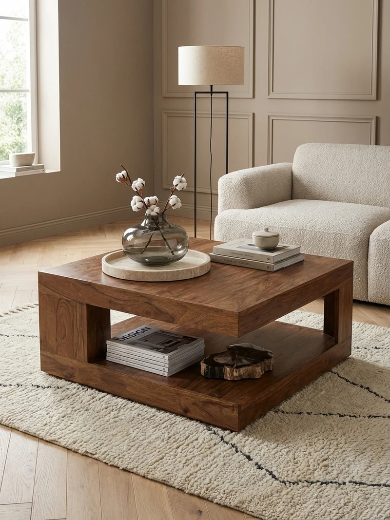 Couchtisch Sheesham Massivholz, Quadratisch, Maße 90x90 cm, Einzigartiges Unikat