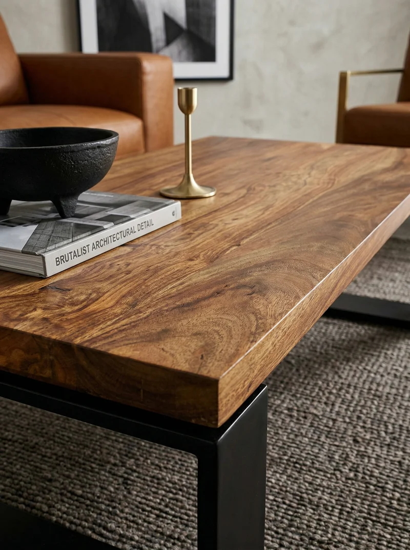 Couchtisch aus Holz und Metall, Industriedesign, Einzigartige Maserung, 115x60x35 cm