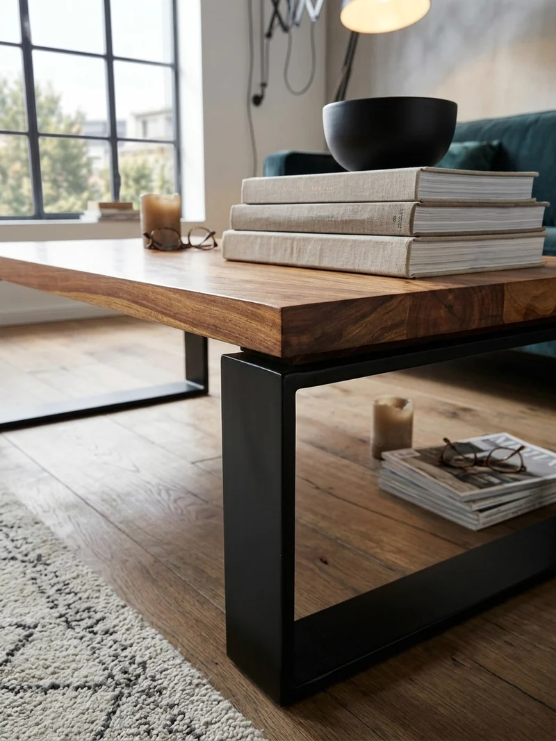 Couchtisch aus Holz und Metall, Industriedesign, Einzigartige Maserung, 115x60x35 cm