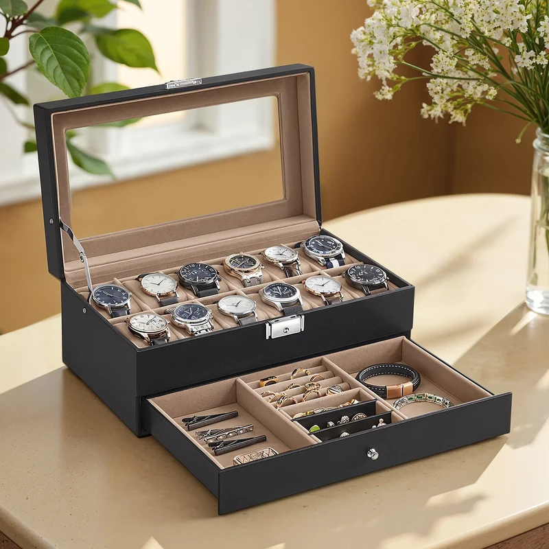 Uhrenbox, Uhrenkasten mit Glasdeckel, 2 Ebenen