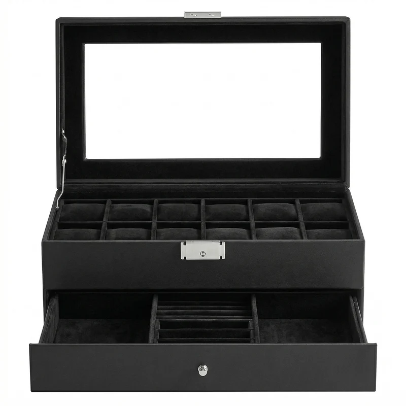 Uhrenbox, Uhrenkasten mit Glasdeckel, 2 Ebenen