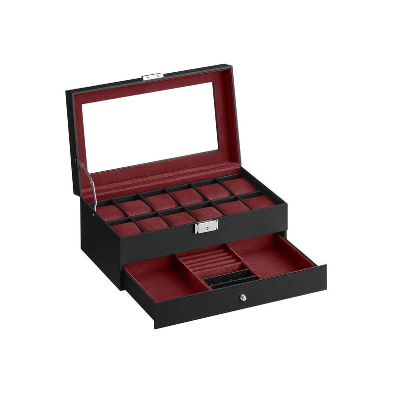 Uhrenbox, Uhrenkasten mit Glasdeckel, 2 Ebenen