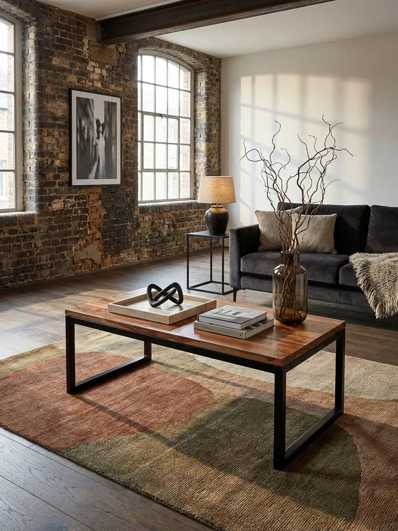 Couchtisch Industrie-Stil in Sheesham-Holz massiv, Unikat mit einzigartiger Maserung