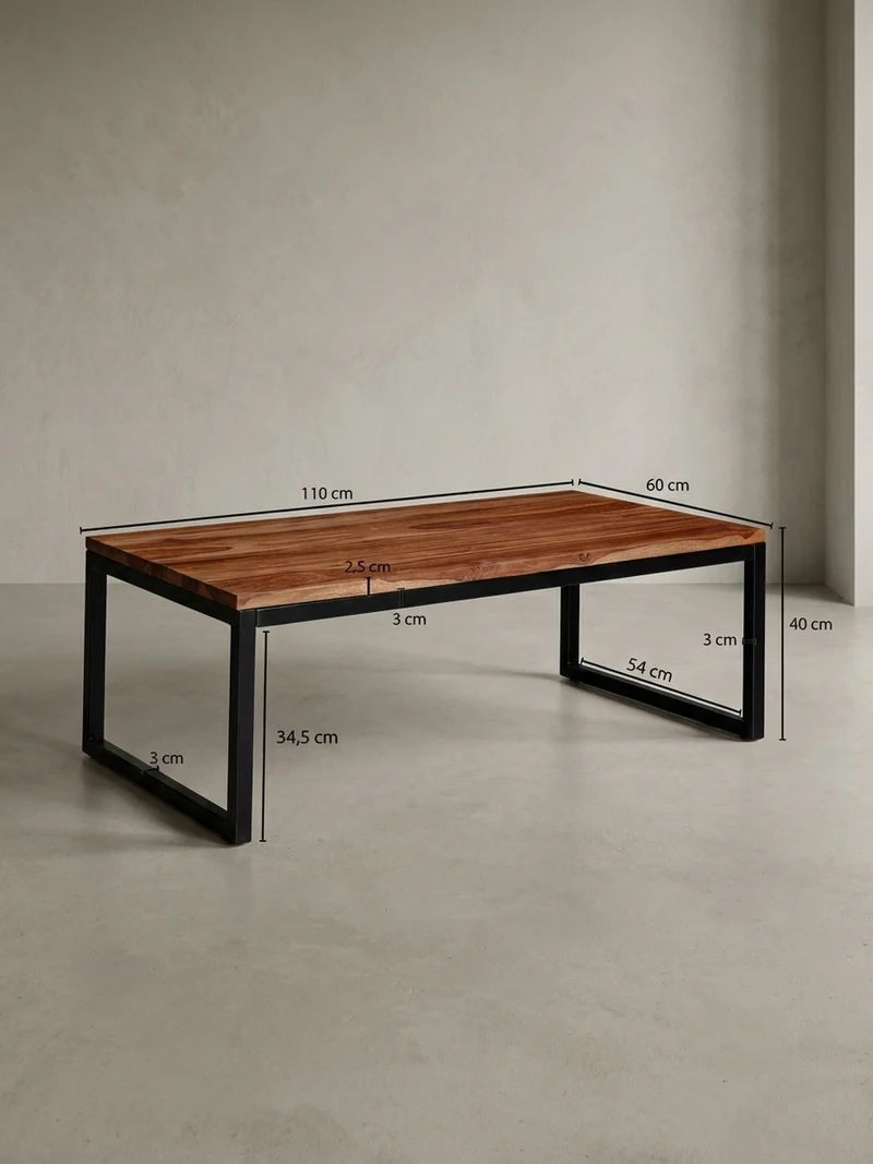 Couchtisch Industrie-Stil in Sheesham-Holz massiv, Unikat mit einzigartiger Maserung
