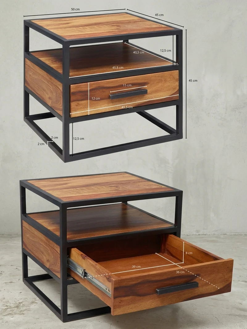 Nachttisch – Massivholz/Stahl, mit Stauraum, Industrial-Stil