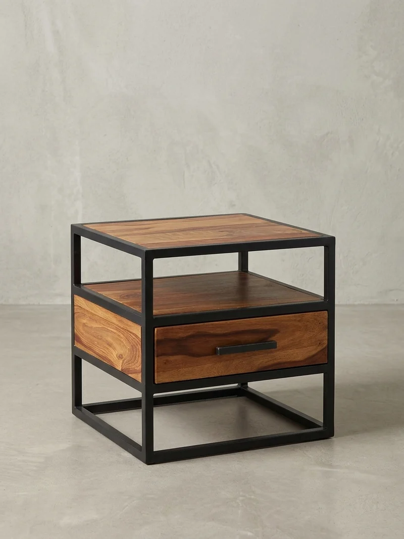 Nachttisch – Massivholz/Stahl, mit Stauraum, Industrial-Stil