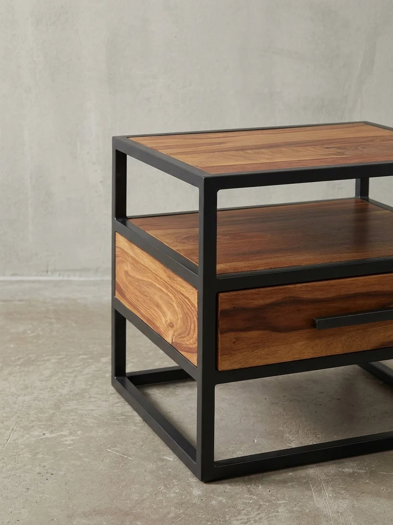 Nachttisch – Massivholz/Stahl, mit Stauraum, Industrial-Stil