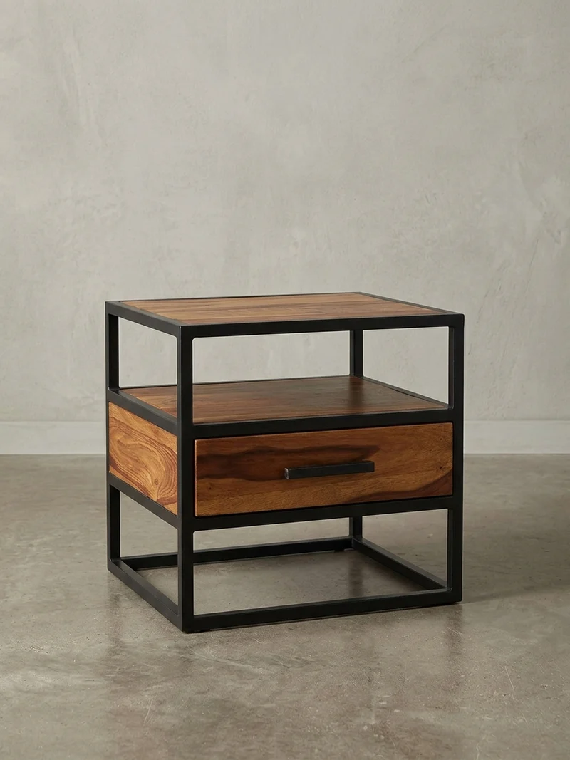 Nachttisch – Massivholz/Stahl, mit Stauraum, Industrial-Stil